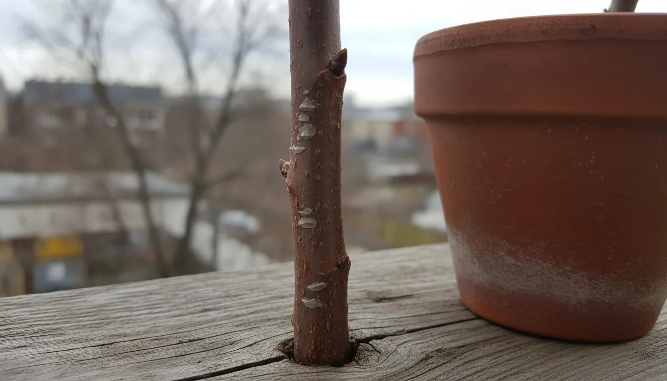 Close-up on a woody plant stem in a terracotta pot on a winter balcony, showing subtle grey flecks and dried residue.