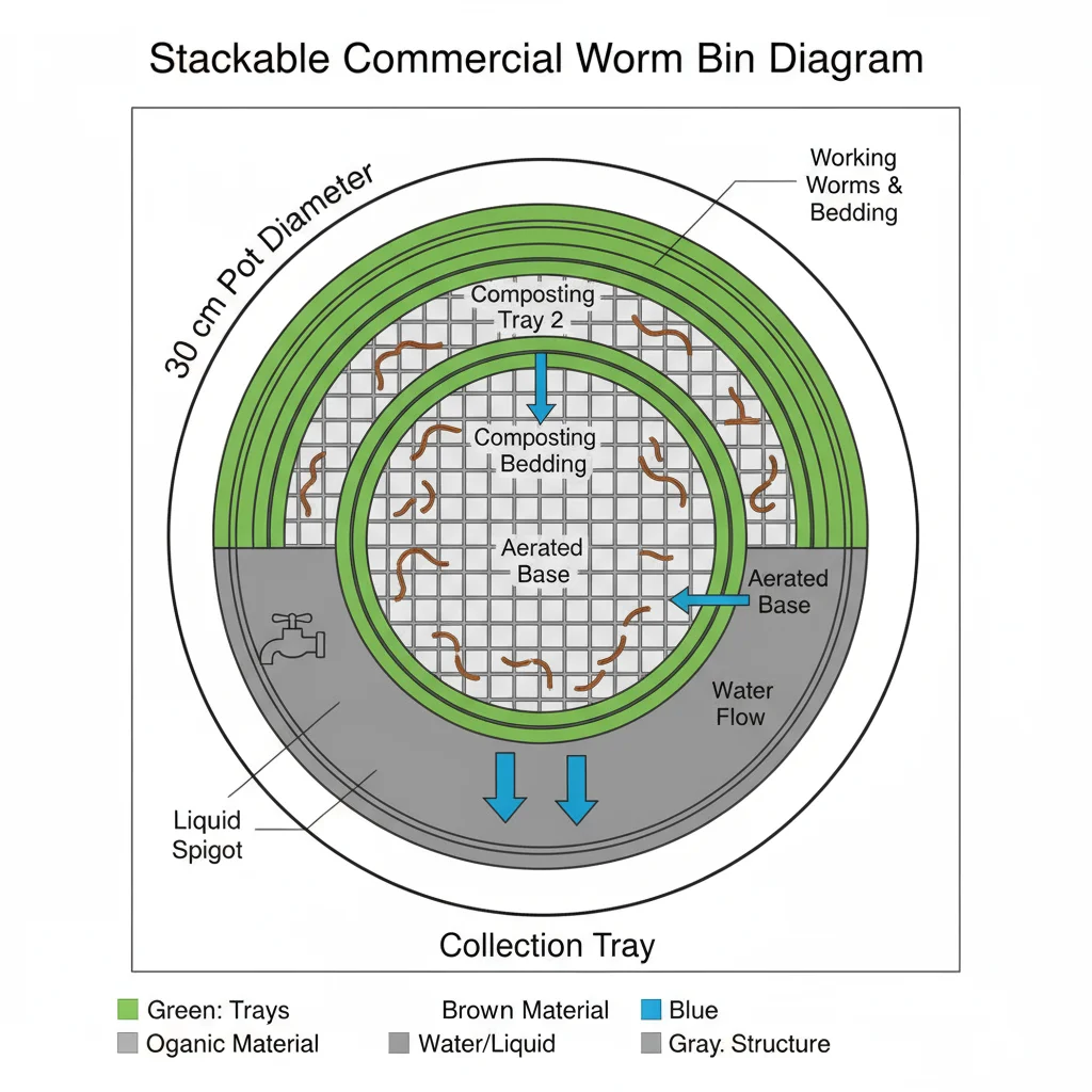 Worm bin diagram: stackable trays, 30cm pot base. Arrows show water flow through layers. Simple labeled parts.