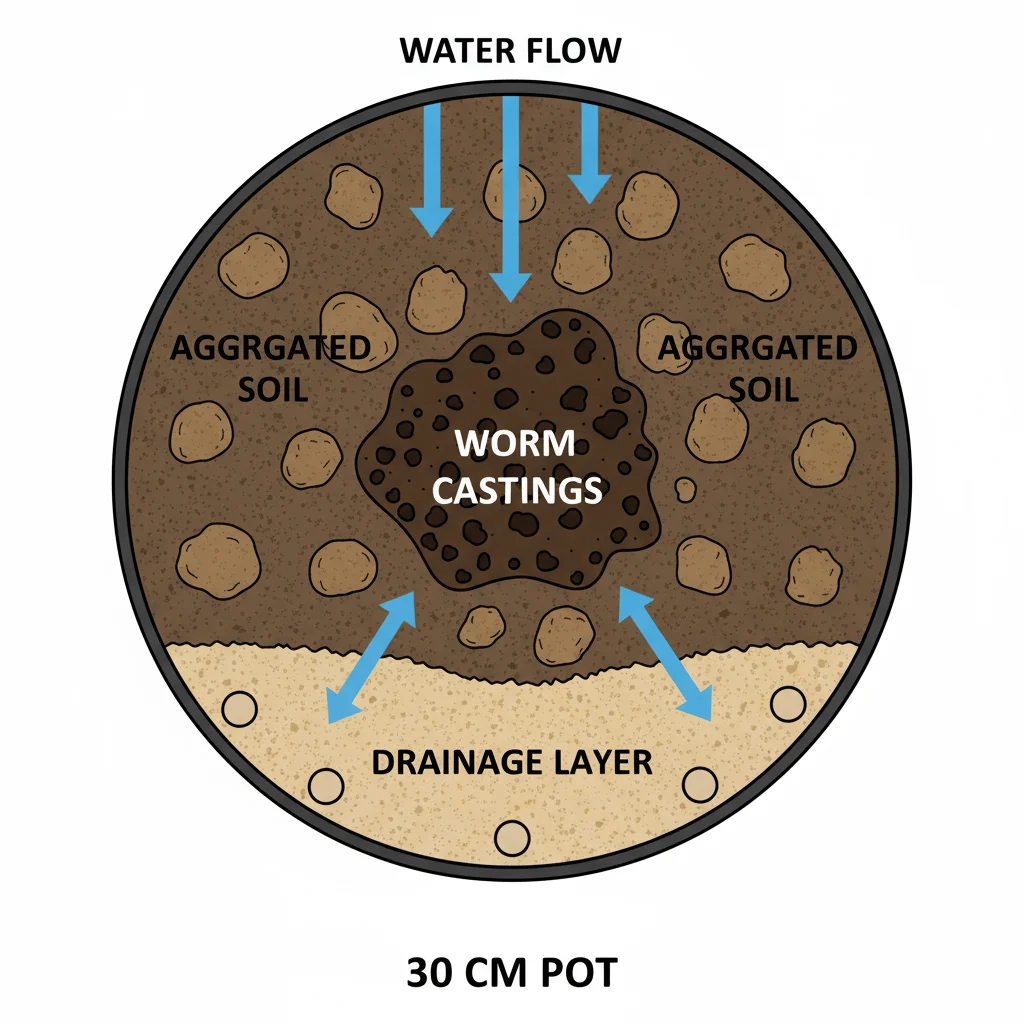 Worm castings in 30cm pot diagram: castings aggregate soil for drainage. Arrows show water flow.