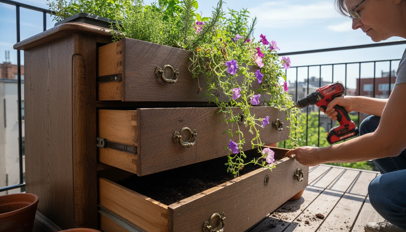 Worm's-eye view of hands drilling to secure an antique wooden dresser drawer, transforming it into a tiered herb garden on a balcony.
