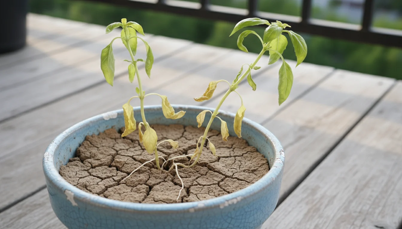 Worn blue ceramic pot with a leggy, yellowing basil plant. Potting soil is compacted with white mineral deposits.