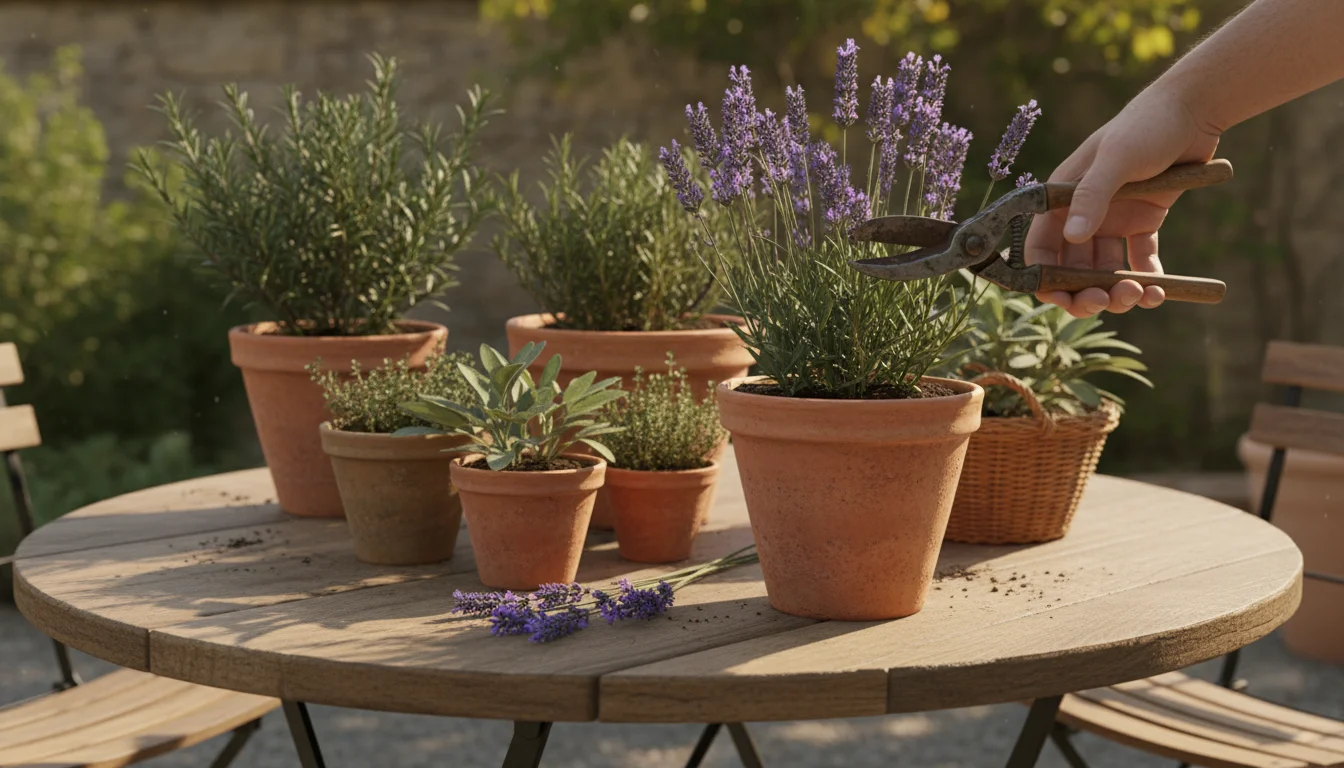 Close-up of worn gardening shears cutting fresh purple lavender from a terracotta pot on a sunny patio table.