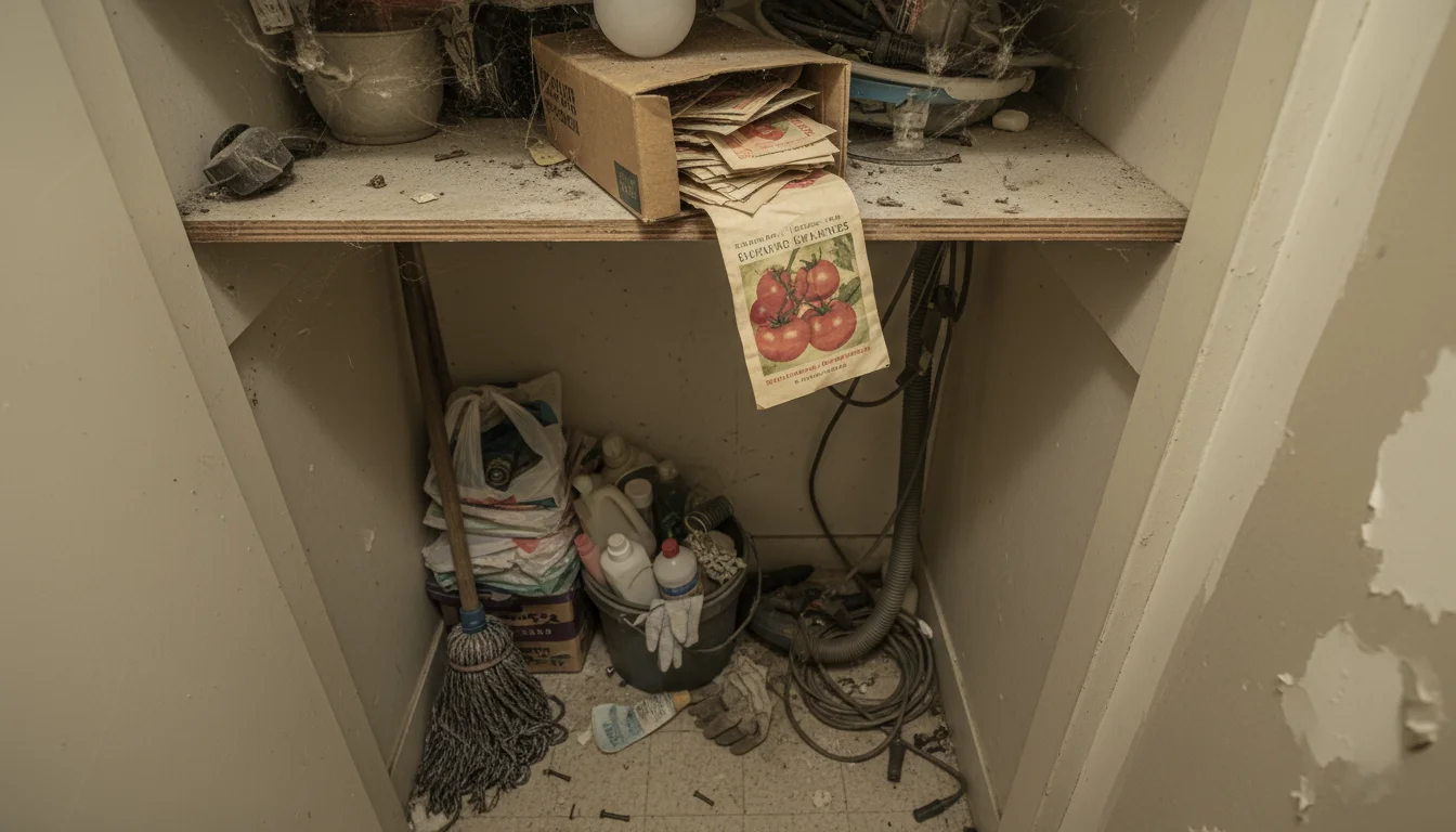 A worn, half-open shoebox holds old, slightly rippled seed packets on a dusty shelf in a cluttered utility closet, with a warm pipe visible below.