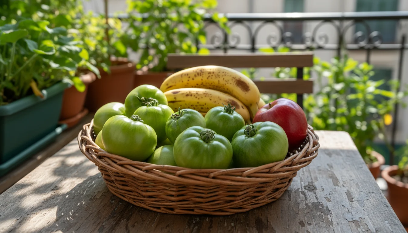 A woven basket of green tomatoes on a wooden table, with ripe bananas and a red apple nestled amongst them.