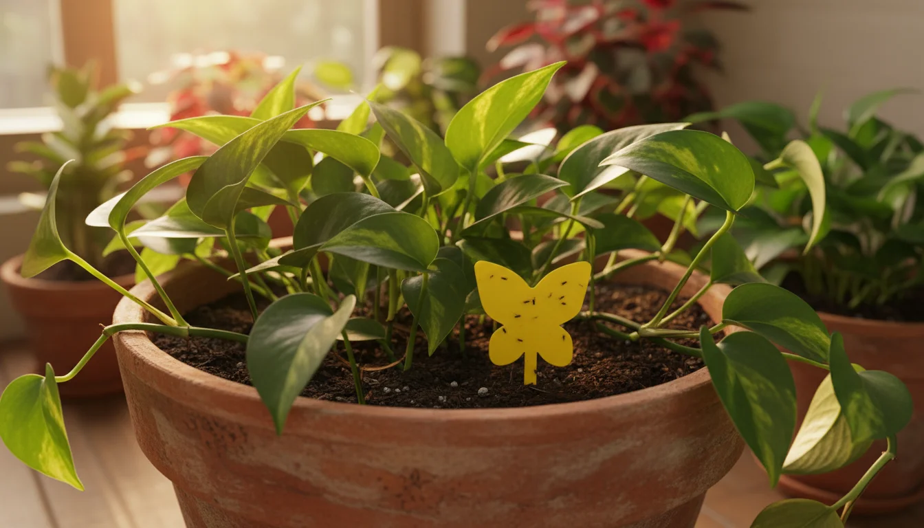 A yellow sticky trap for fungus gnats placed in the soil of a healthy Pothos plant in a terracotta pot, indoors.