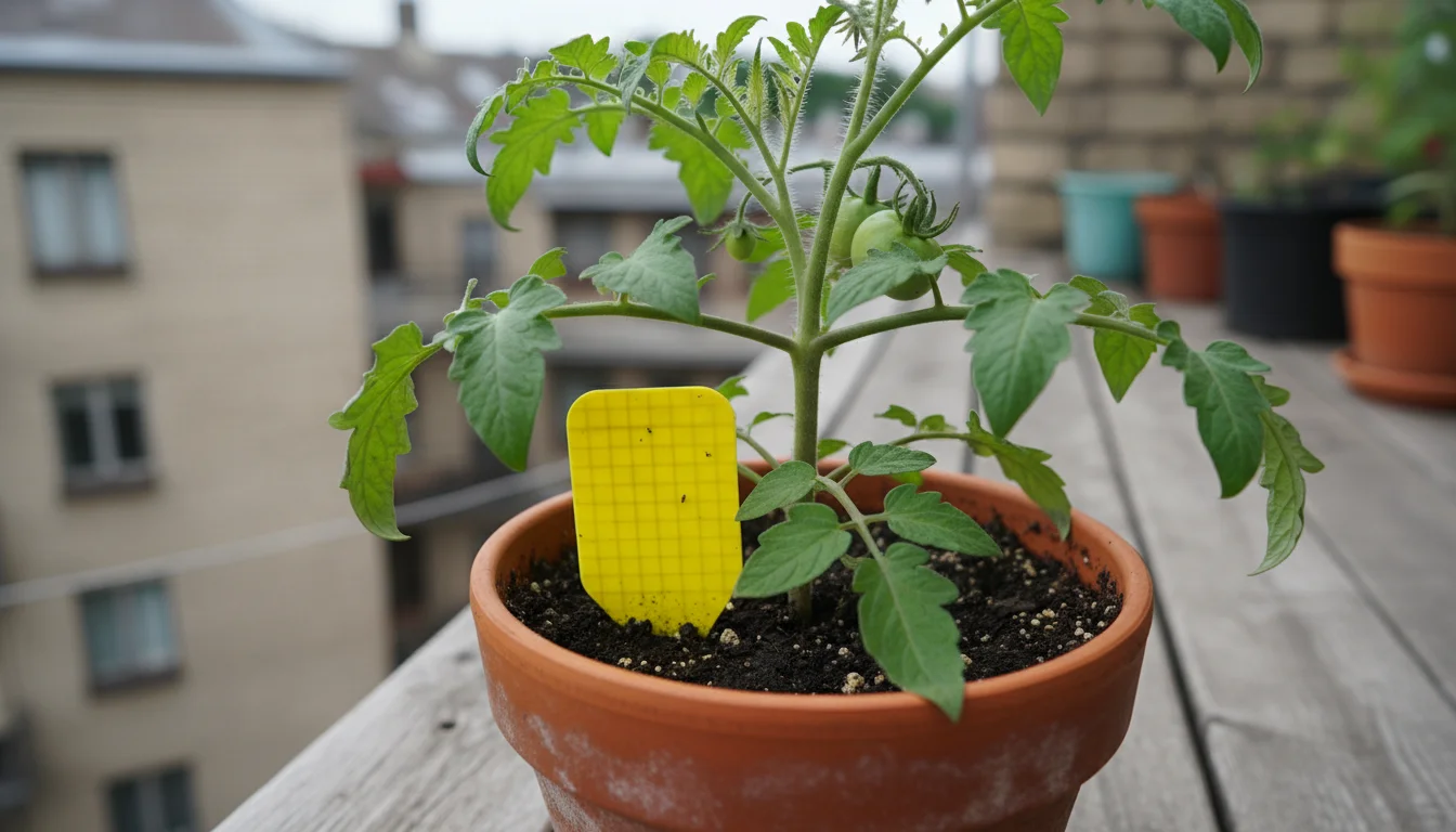 Yellow sticky trap inserted in a potted tomato plant on a balcony, subtly catching tiny whiteflies, indicating pest monitoring.