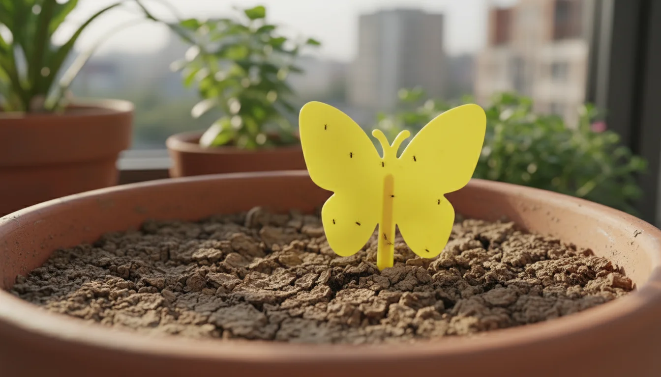 A yellow sticky trap with several small fungus gnats caught on its surface, inserted into the dry soil of a terracotta pot on a balcony.
