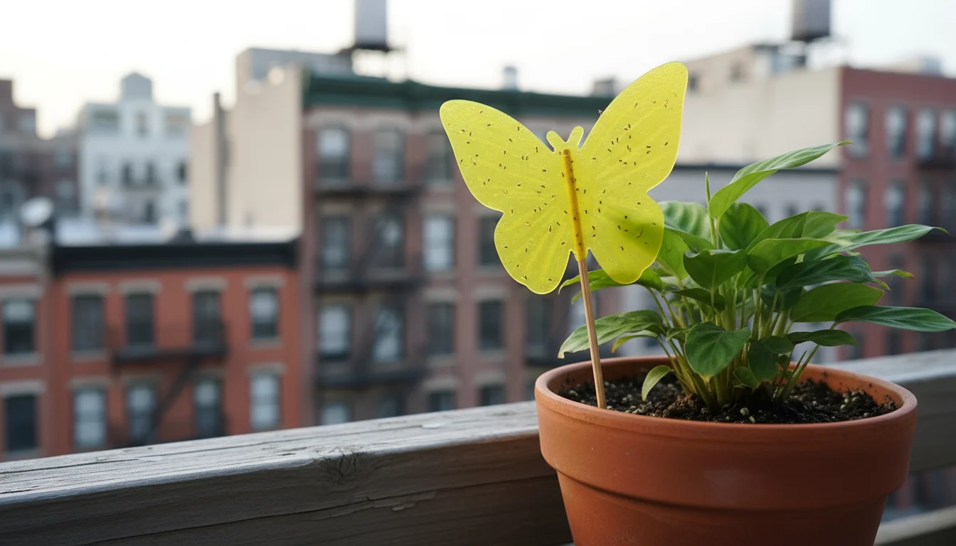 Yellow sticky trap in a terracotta pot with a leafy houseplant, showing tiny insects caught on its surface.