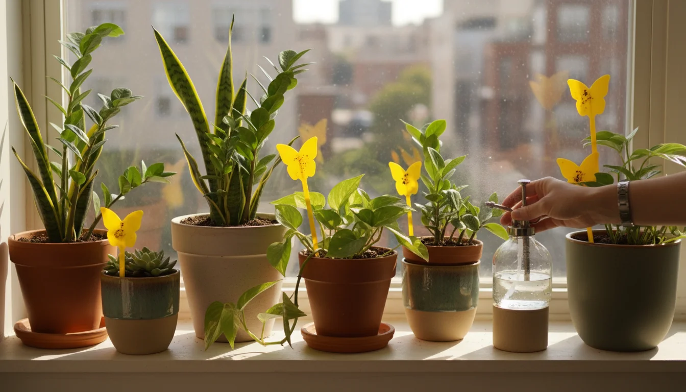 Yellow sticky traps in pots with lush indoor plants on a sunlit windowsill, a hand mists a fern.