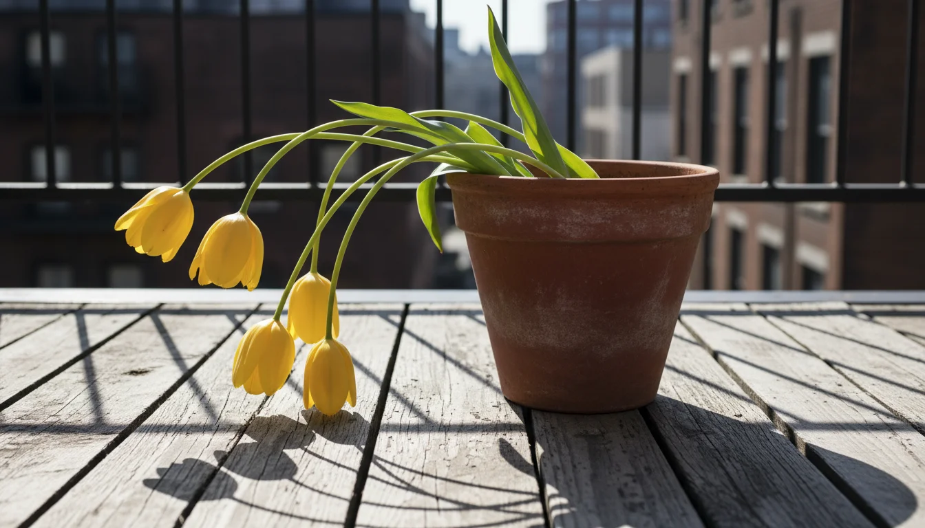 Yellow tulips with noticeably long, bending stems in a terracotta pot on a sunny urban balcony floor.