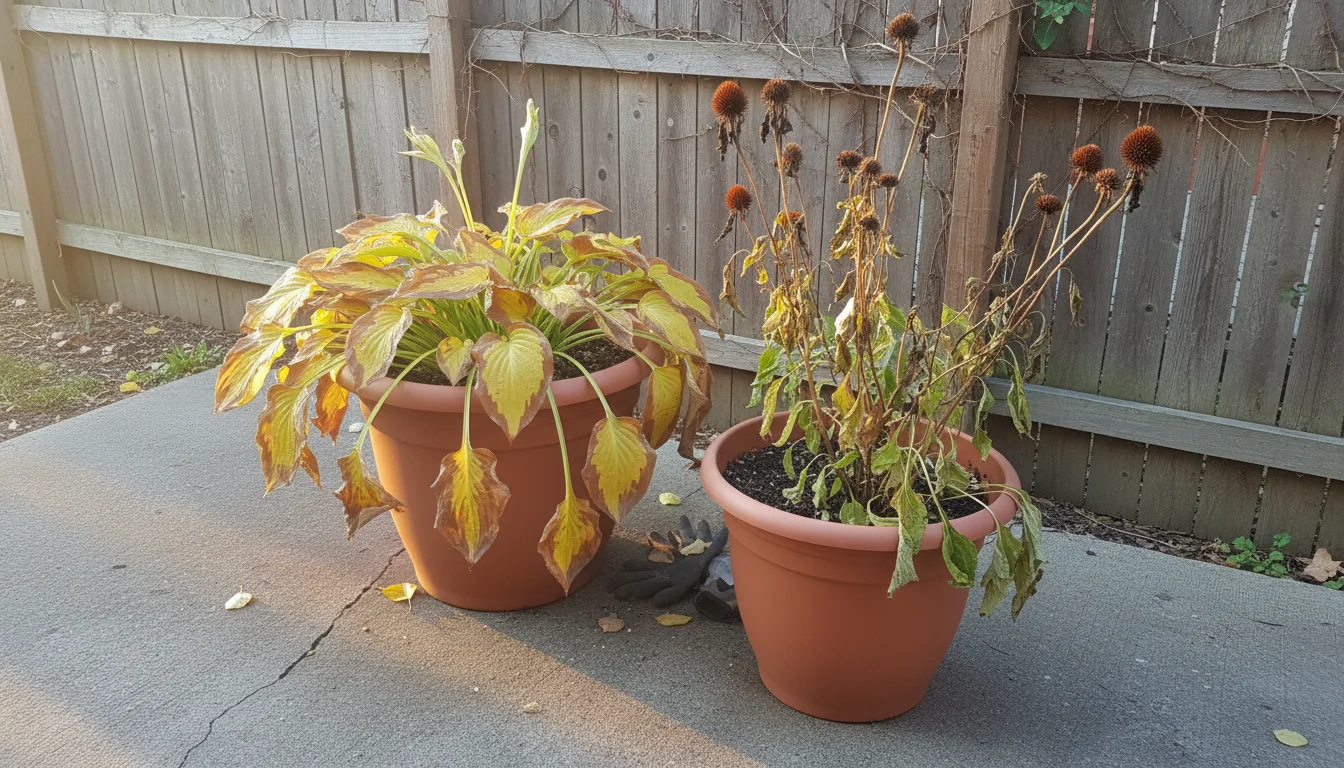 Yellowing hosta and dried coneflower stalks in terracotta pots on a patio, showing plants entering winter dormancy.