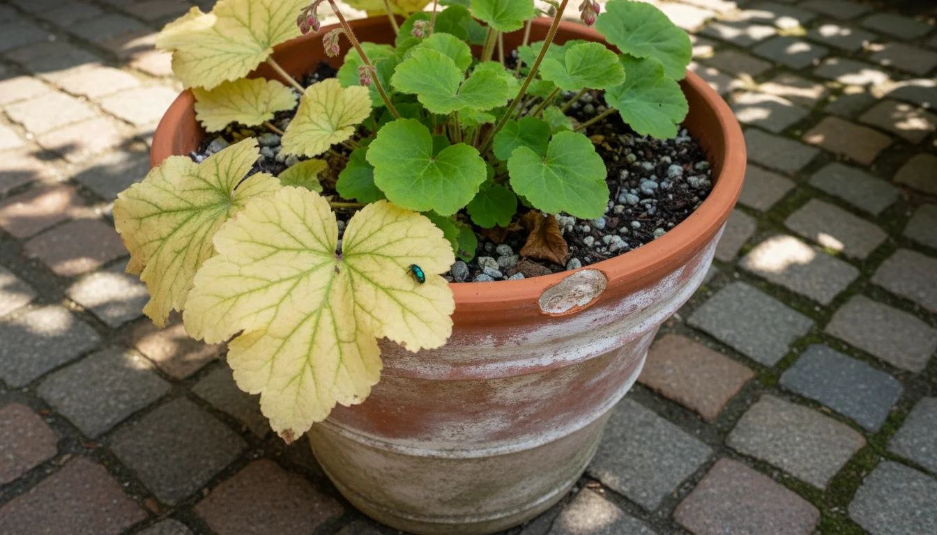 Close-up of yellowing lower leaves on a Heuchera plant in a terracotta pot on a patio, with newer green leaves at the center.
