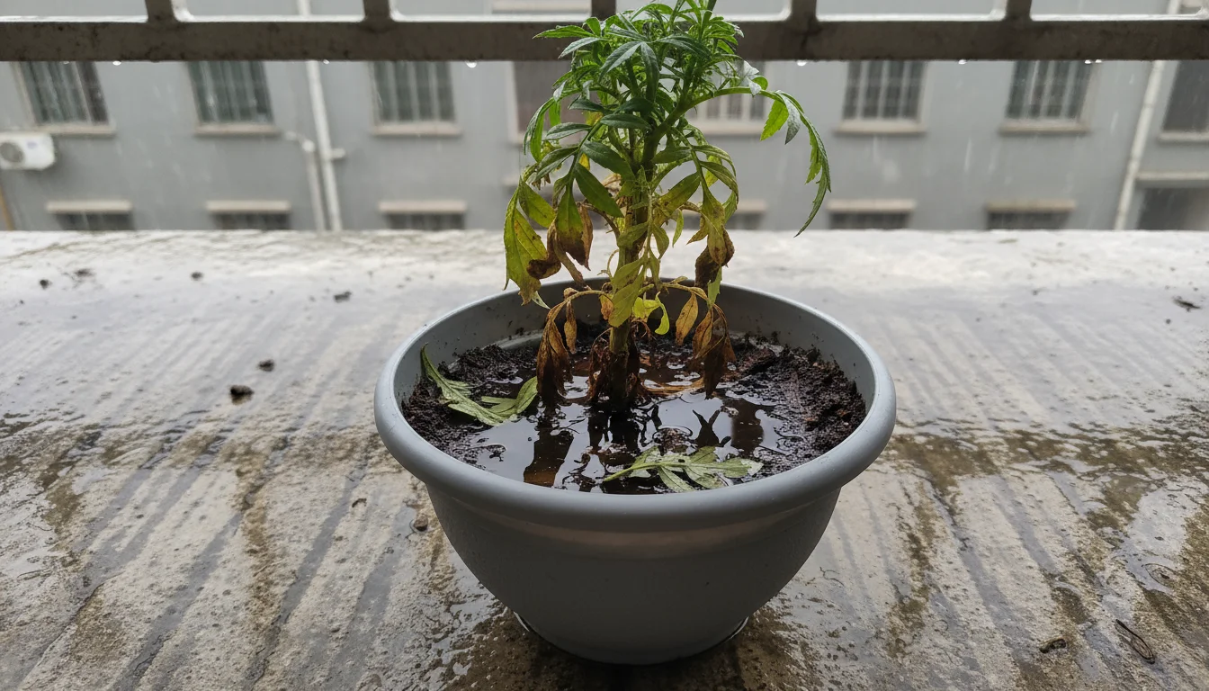 Close-up of a yellowing marigold in a round plastic pot, its waterlogged soil covered in standing water and decaying leaves on a concrete balcony.