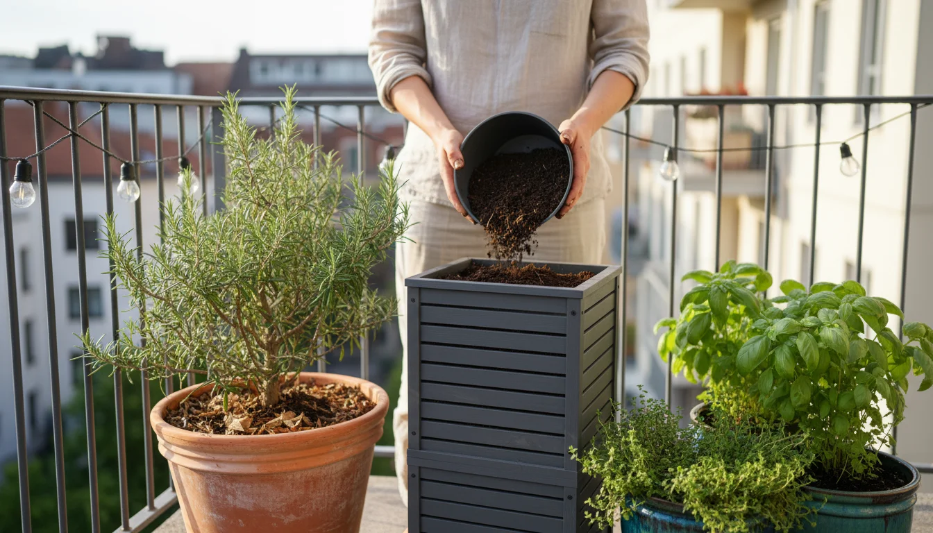 Young adult adds rich compost from a compact patio worm bin to a container rosemary plant on a sunlit urban balcony, surrounded by thriving, mulched h