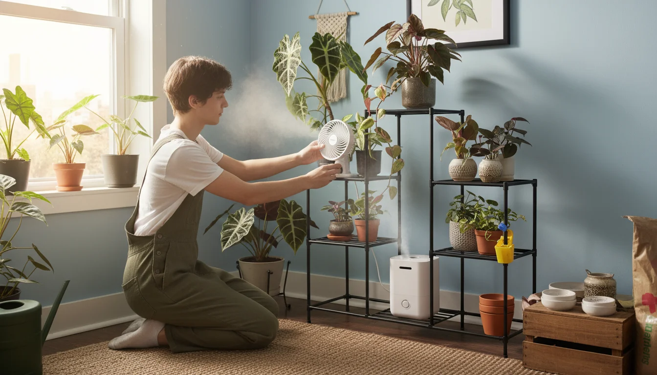 Young adult adjusting a clip-on fan among rare houseplants on a tiered stand, with a humidifier misting nearby in a sunlit apartment.