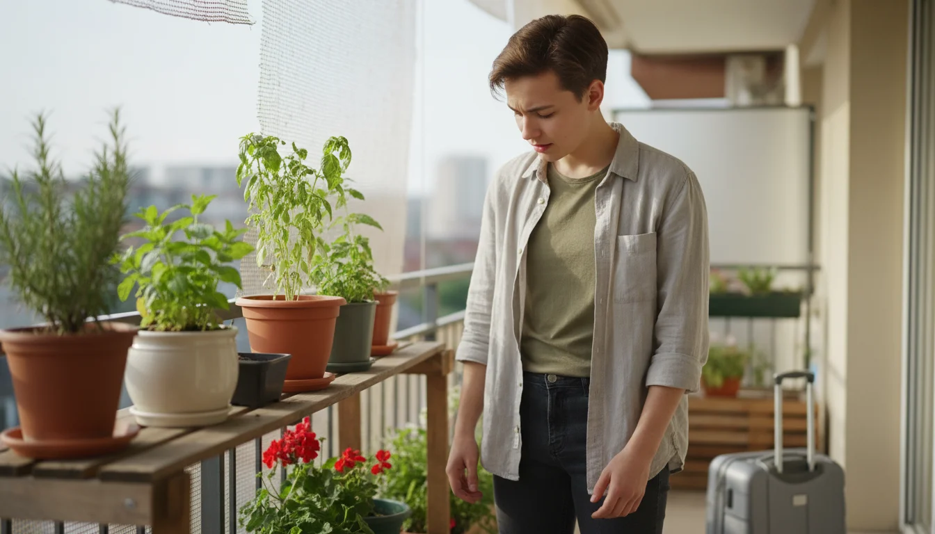 A young adult on an apartment balcony observes container plants. One leafy plant is wilted, others are healthy. A travel bag is in the background.