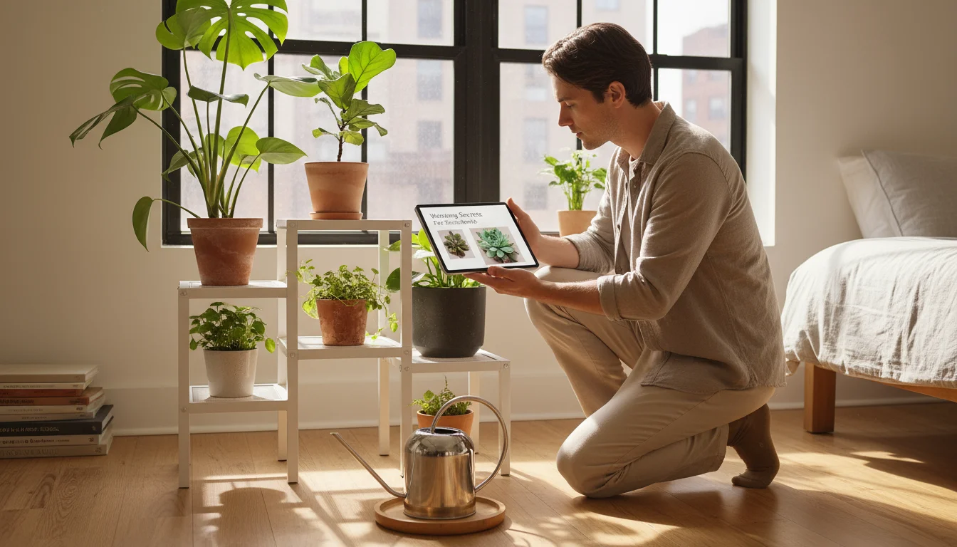 Young adult kneeling beside a tiered plant stand, looking at a tablet while observing container plants in a sunlit apartment.