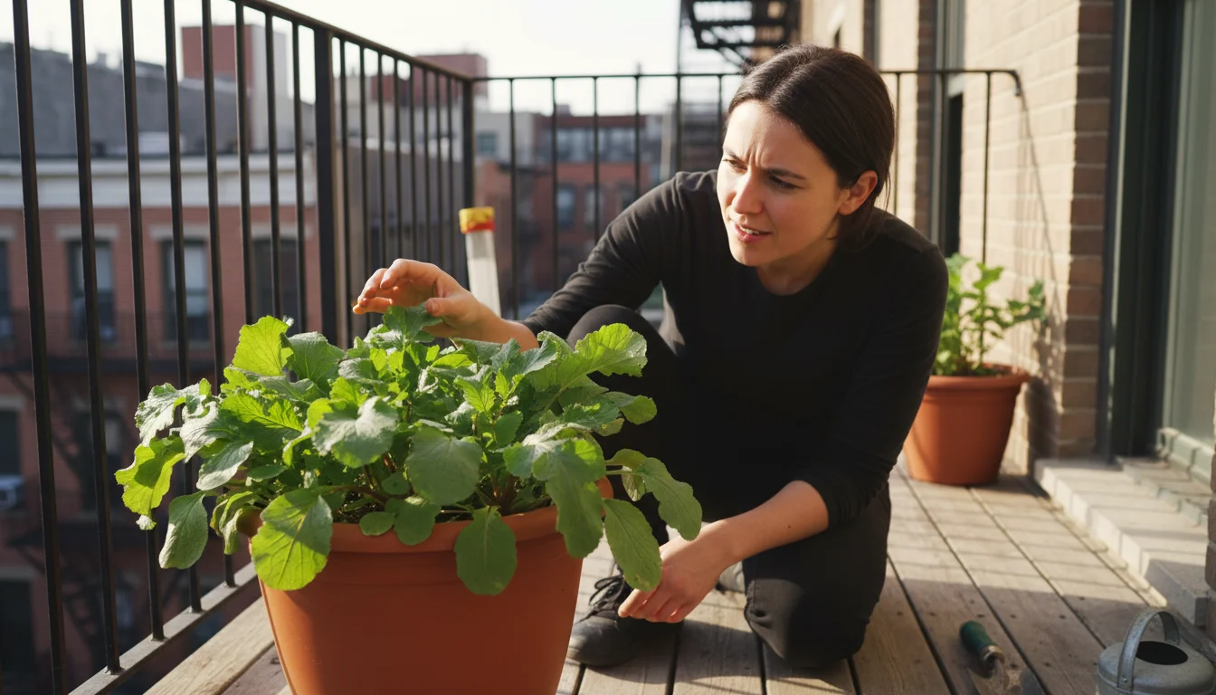 Young adult kneeling on an urban balcony, examining a pot of green radish plants with a curious expression.