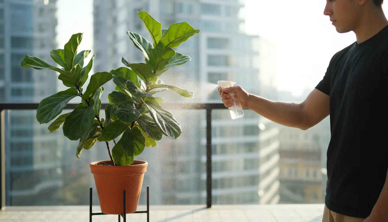 Young adult gently mists a vibrant container plant on an urban balcony, fine water droplets visible on healthy green leaves.