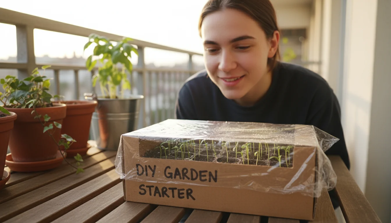 A young adult observes tiny green seedlings sprouting in a DIY shoebox seed-starter on a sunny apartment balcony table.