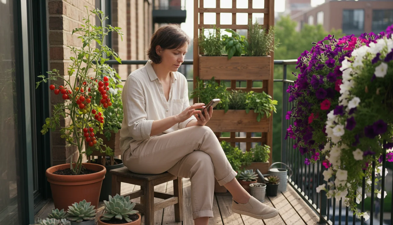 A young adult scrolls on a smartphone amidst lush container plants on a sun-dappled urban balcony, a quiet moment of learning.