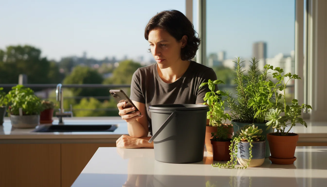 A young adult thoughtfully gazes at a dark grey Bokashi bucket amidst vibrant container plants in a sunlit kitchen or balcony.