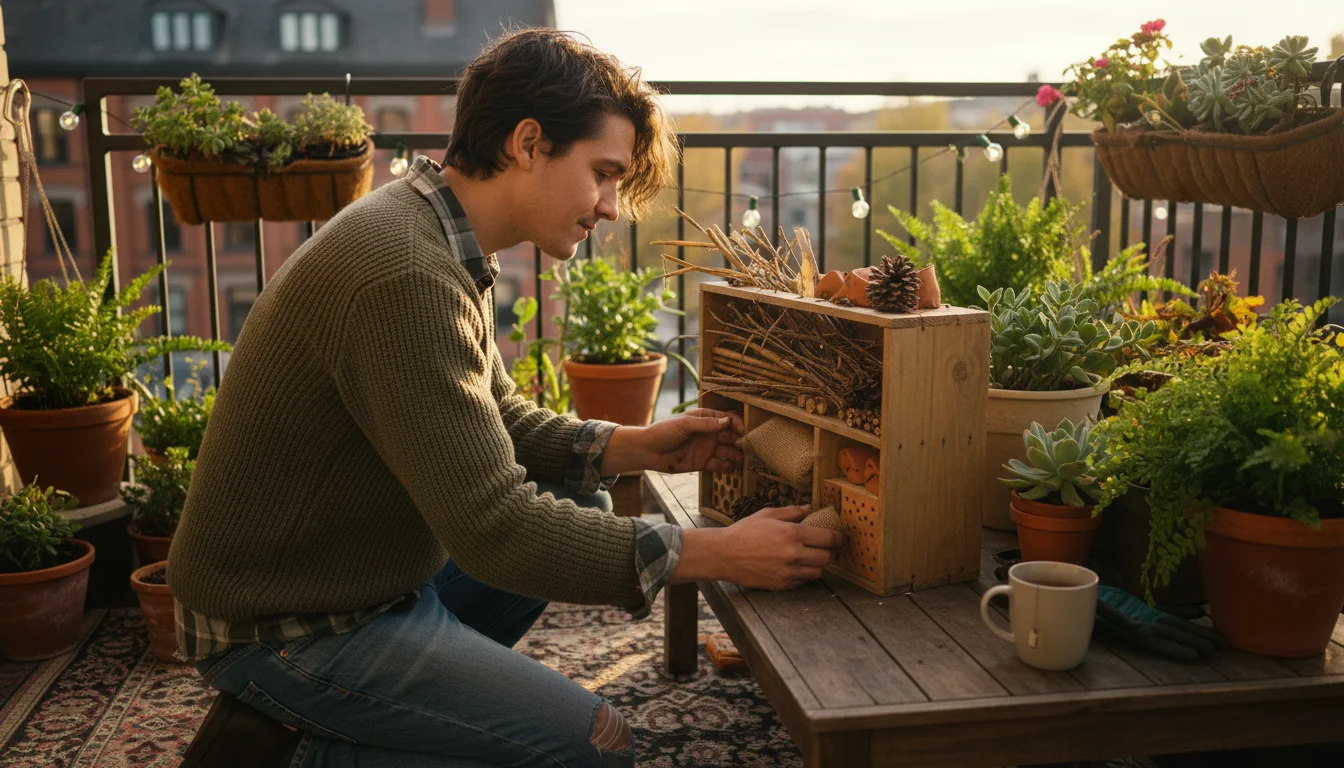 Young adult on an urban balcony looking thoughtfully into a partially built bug hotel made from a wooden crate and fall garden debris.