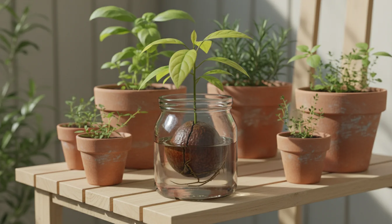 A young avocado plant with green leaves and a cracked pit in a clear glass jar on a wooden shelf with herbs.