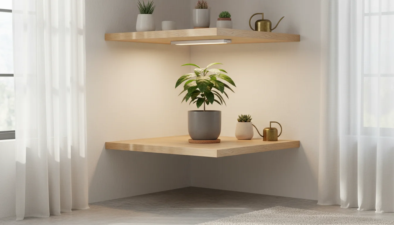 Young avocado seedling with deep green leaves thriving under a warm-white LED grow light on a wooden shelf indoors.