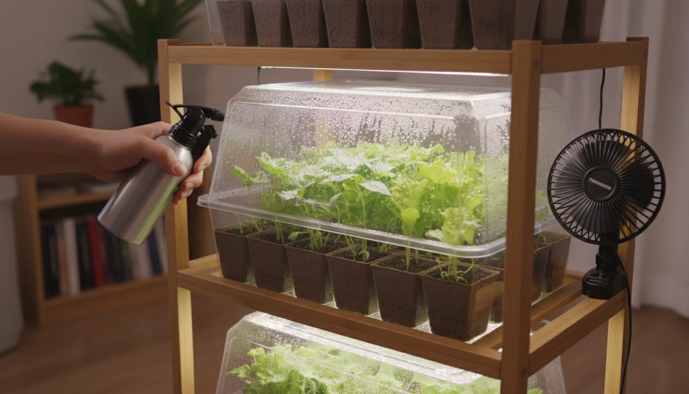 Young basil and lettuce seedlings under a condensation-covered humidity dome on a seed starting shelf, with a small fan providing airflow. A hand adju