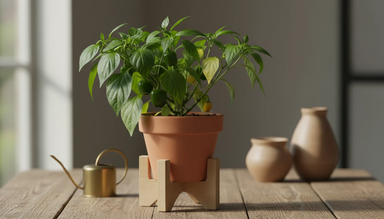 A young bell pepper plant in a terracotta pot shows uneven growth, one side lush, the other sparse, under an off-center LED grow light.