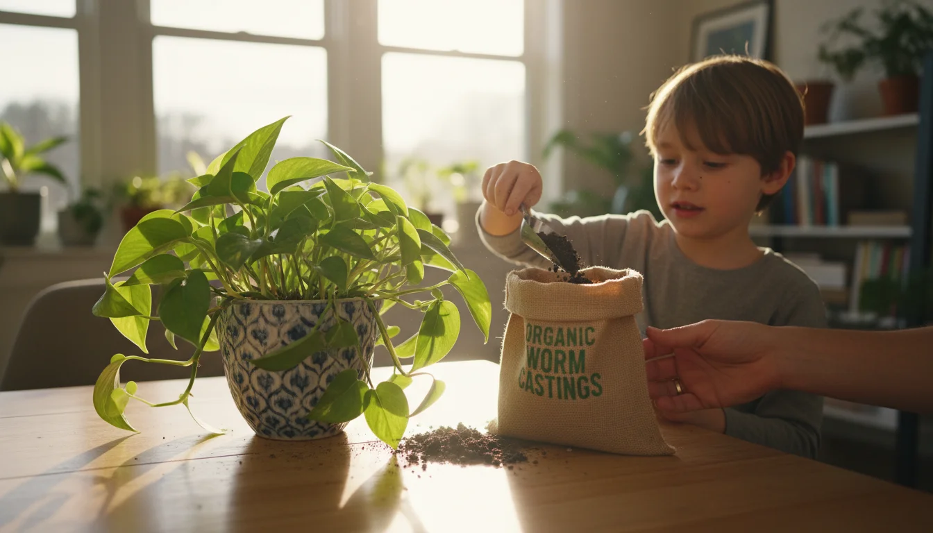 A young child, about 7, sprinkles worm castings onto a potted houseplant under a parent's gentle supervision, in soft natural light.