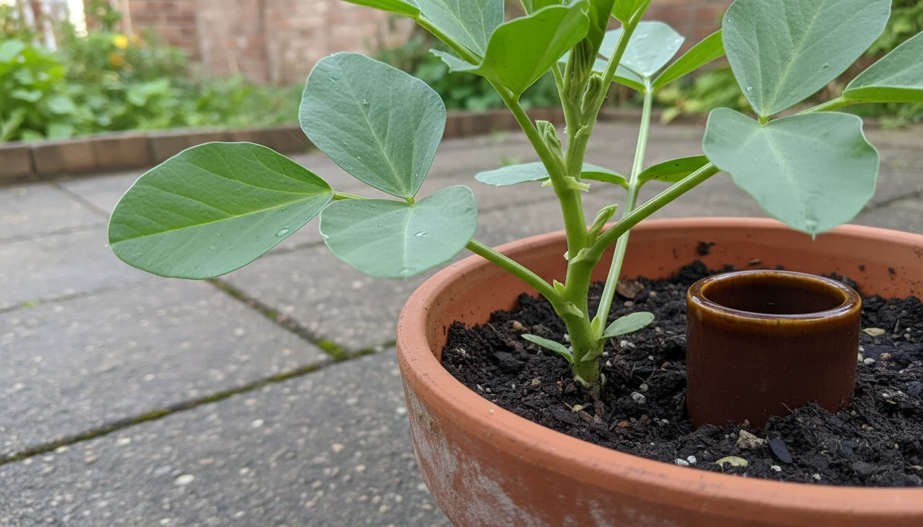 Young fava bean plant in a terracotta pot on a patio, with a small ceramic slug beer trap visible at its base.