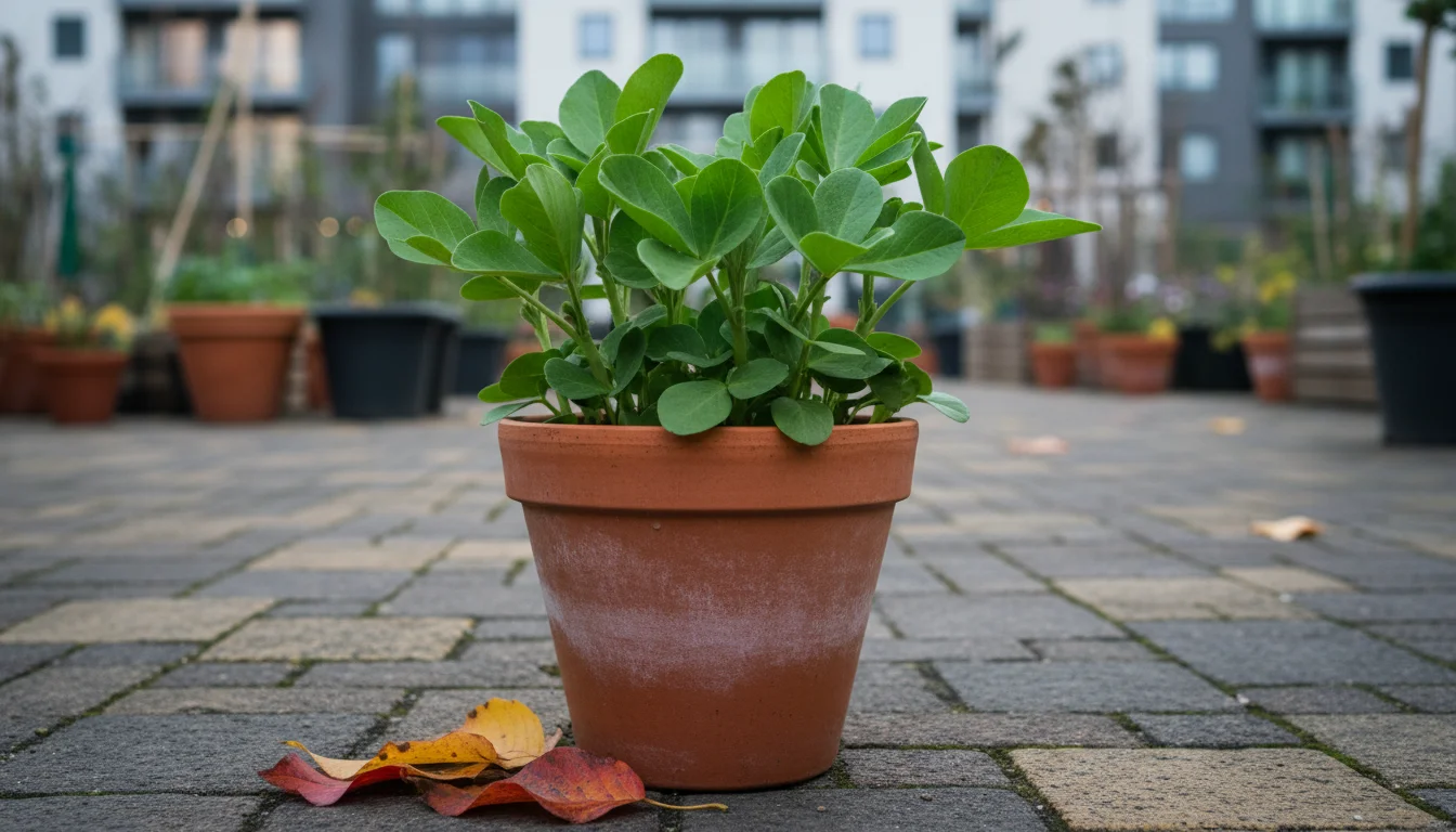 Young fava bean plants in a terracotta pot on a patio, with autumn leaves scattered around and soft fall light.