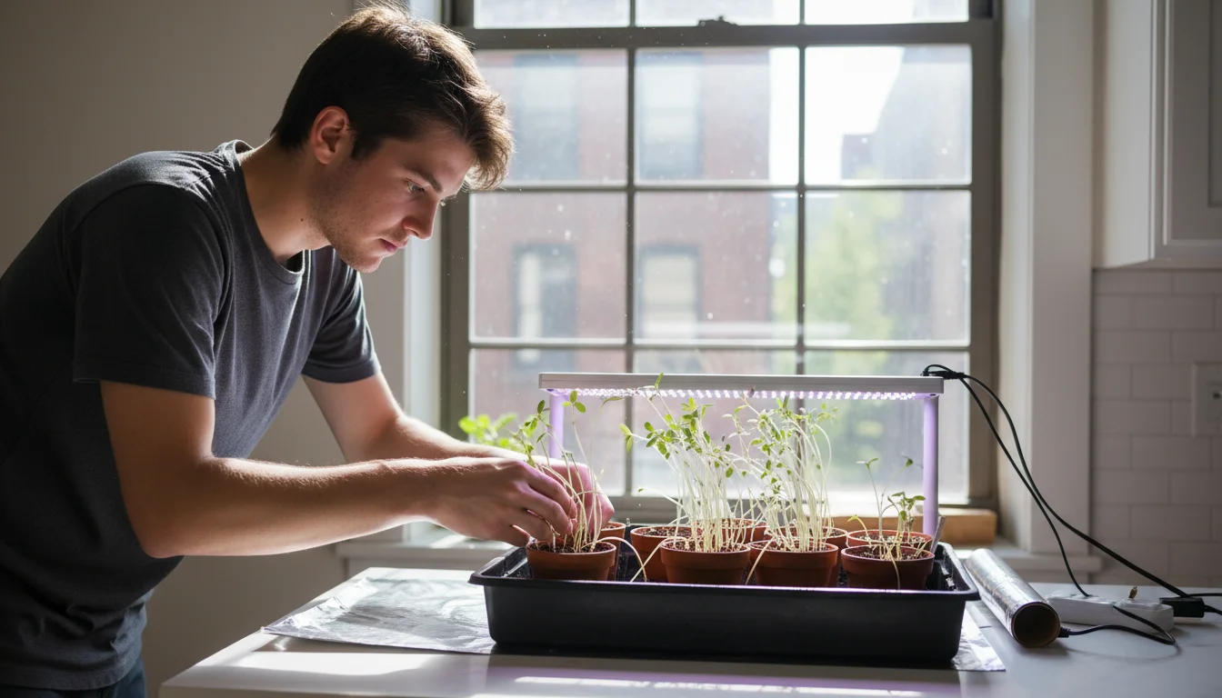 A young gardener adjusts a small LED grow light over a tray of tall, thin, and pale leggy seedlings on a kitchen counter.