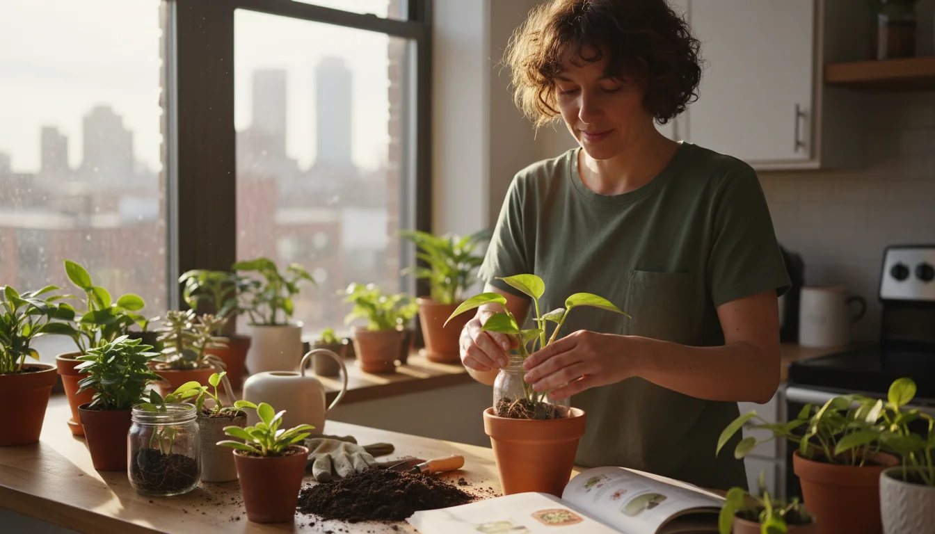 A young gardener gently repots a plant cutting into a terracotta pot on a sunny kitchen counter, surrounded by other small indoor plants.