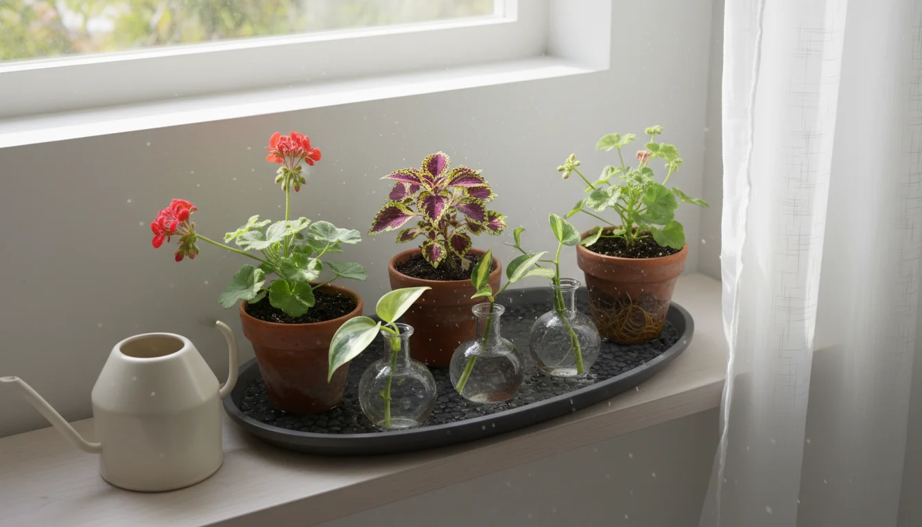 Young geranium and coleus cuttings in terracotta pots on a pebble tray, grouped with other small plants on a minimalist shelf.