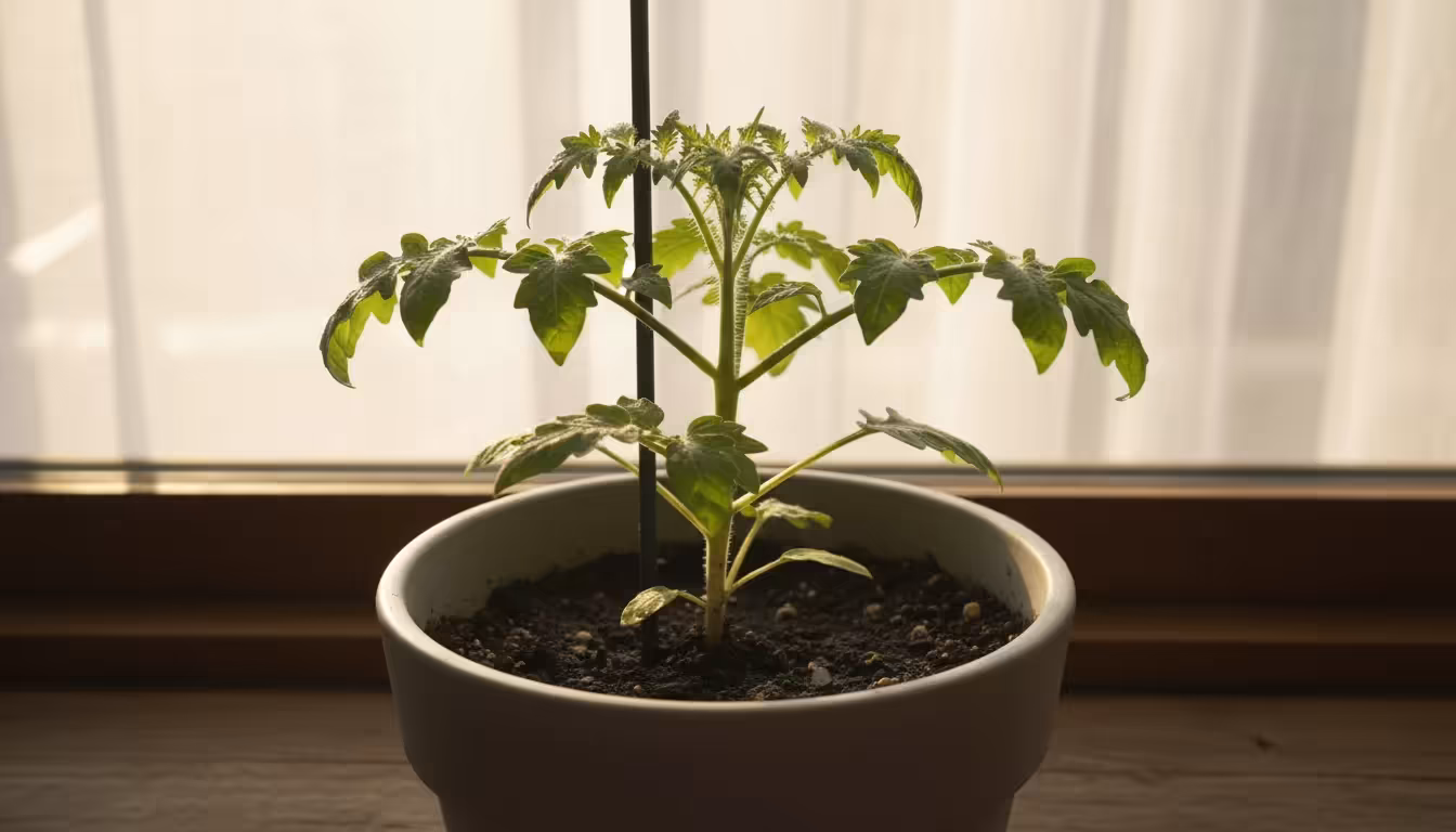 Young micro-tomato plant in a grey ceramic pot with a small support stake, basking in bright morning sunlight on a wooden deck.