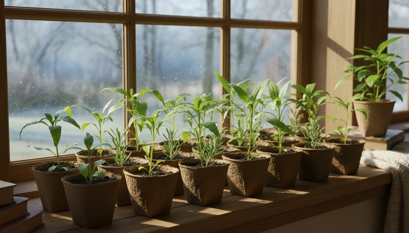 Young perennial seedlings thriving in small biodegradable pots on an indoor windowsill, with a frosty winter scene visible outside.
