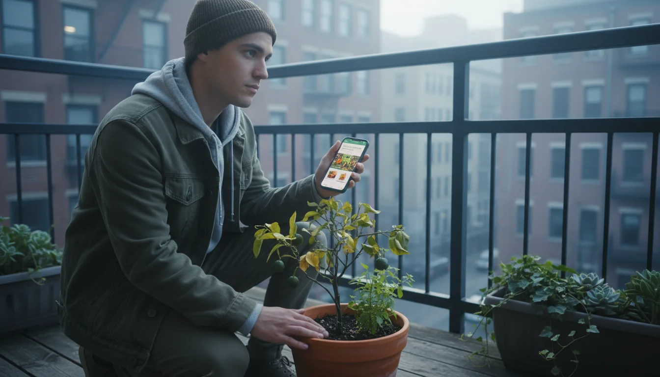 Young person examining a struggling plant in a terracotta pot on an urban balcony, looking at a gardening guide on their phone.