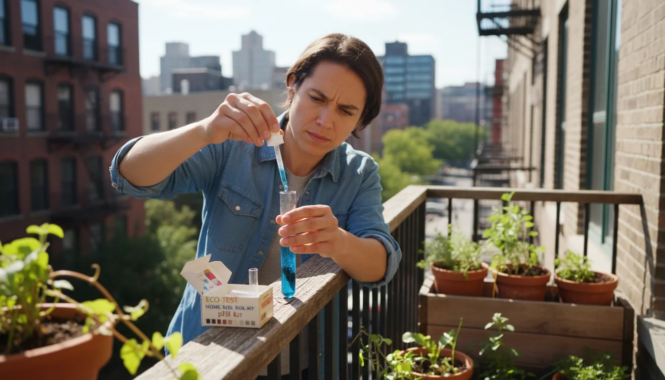 A young person on a sunny urban balcony carefully performs a soil pH test using an inexpensive home kit amidst vibrant container plants.