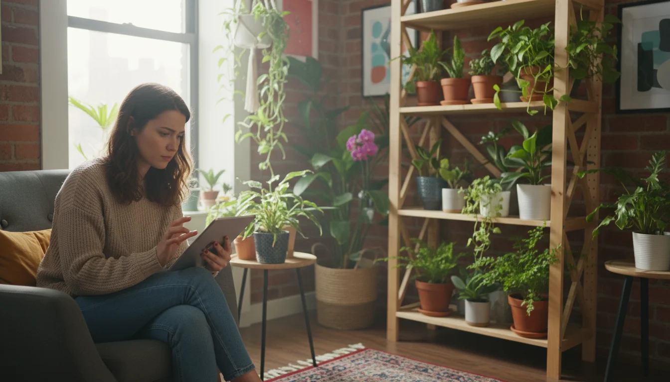 Young person surrounded by grouped potted plants in an urban apartment, thoughtfully looking at a tablet.