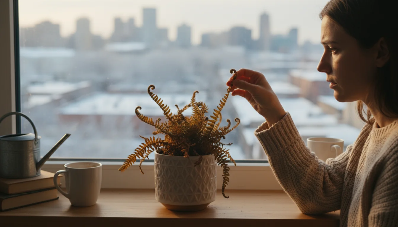 A young person gently touches a browning frond of a struggling Boston fern on a sunlit apartment windowsill with a frosty winter view outside.
