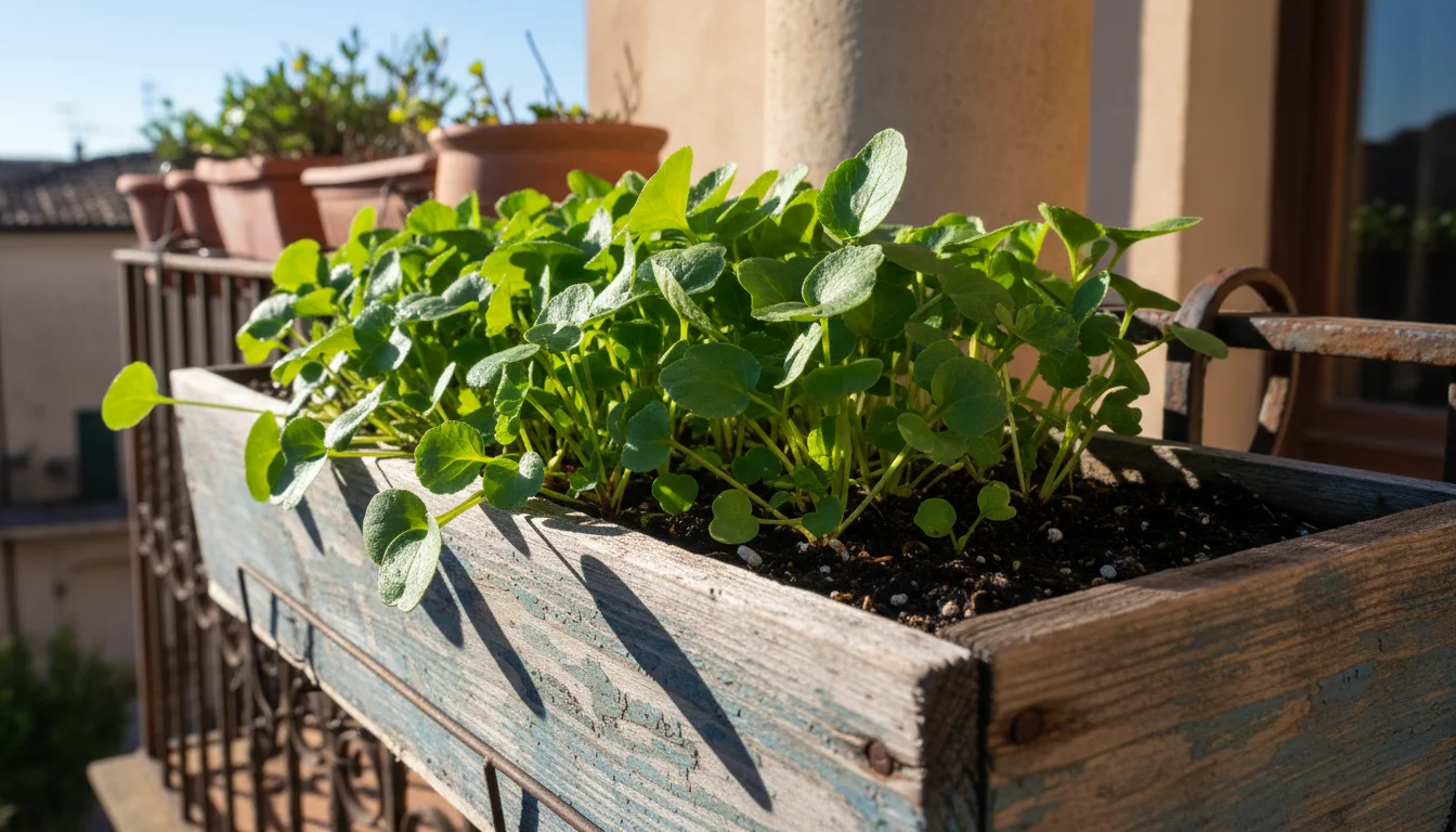 Young radish seedlings in a rustic wooden window box on a balcony, with one half bathed in direct sunlight and the other in partial shade.