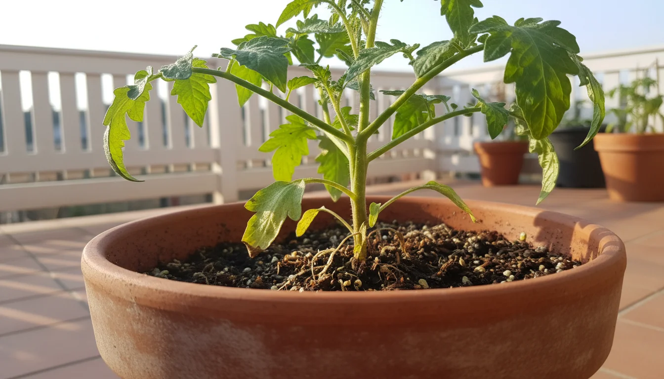 Young tomato plant in a terracotta pot on a patio, with subtle yellowing and tiny spots on lower leaves hinting at early soil-borne issues.