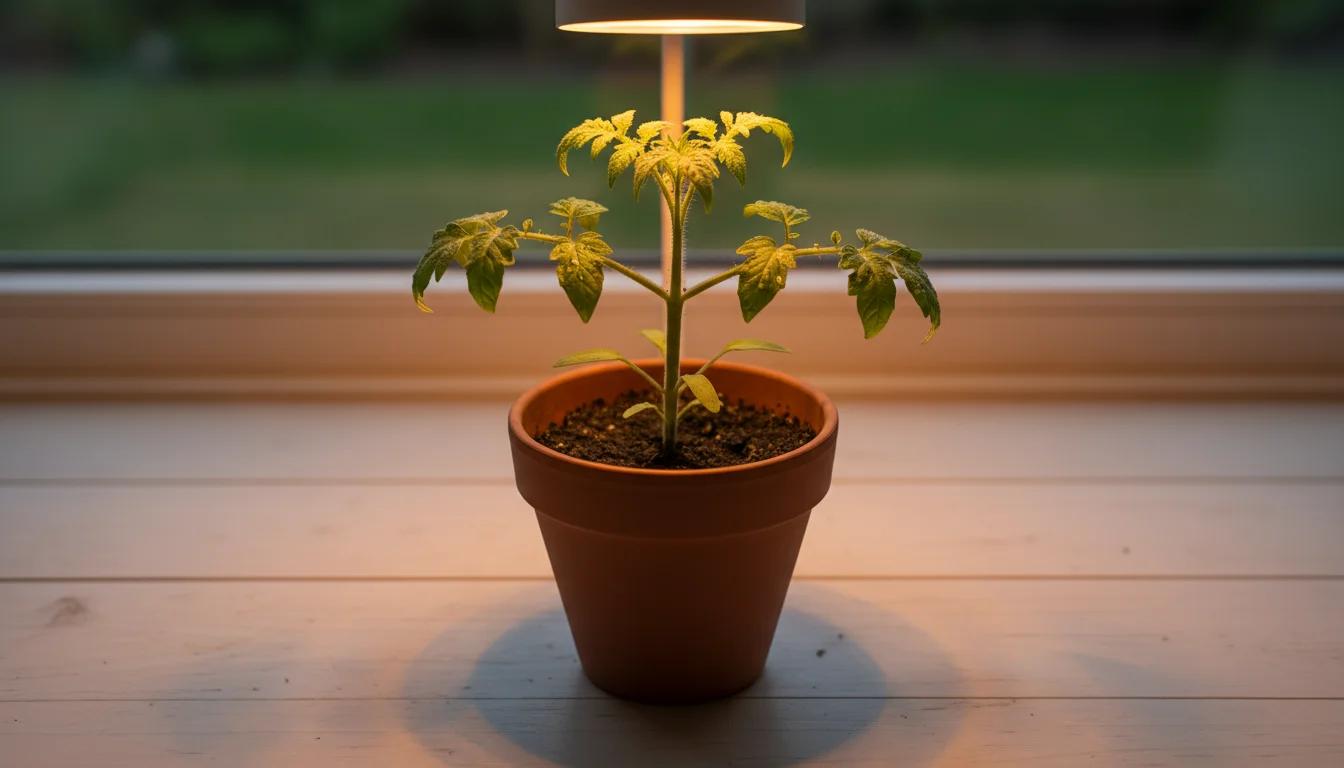 Young tomato plant under a grow light on a small wooden table next to an open notebook.