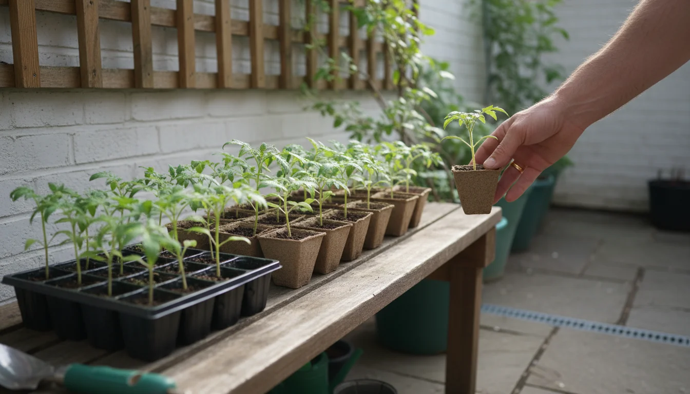 Young tomato seedlings in small pots on a patio bench, with dappled sunlight. A hand adjusts a pot.