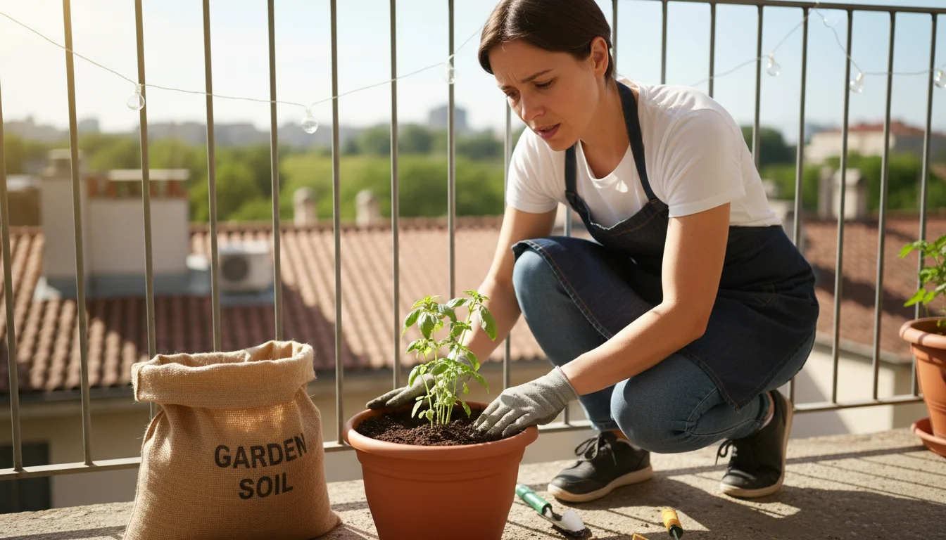 A young urban gardener on a balcony examines a struggling basil plant in dense soil, with a bag of garden soil nearby, illustrating a common beginner'