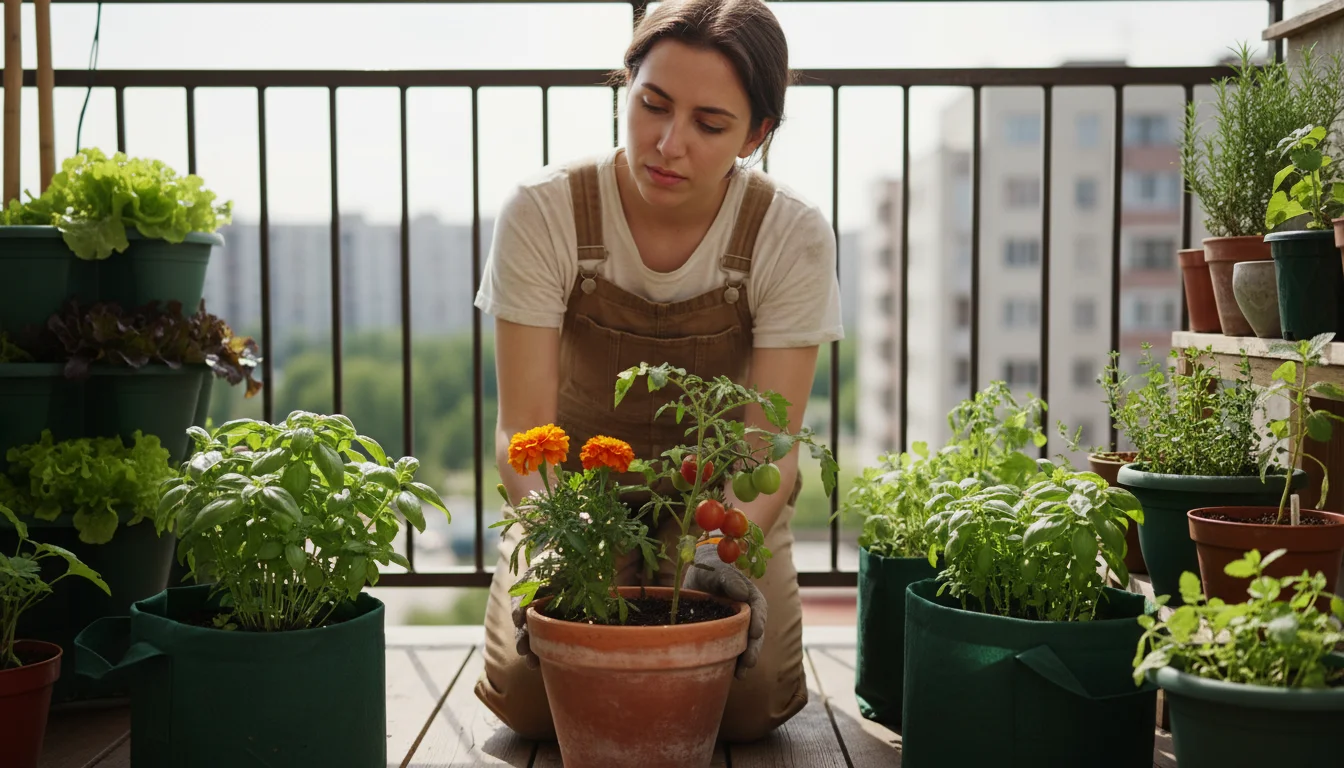 Young urban gardener kneels on a balcony, thoughtfully observing companion plants like marigolds with tomatoes in diverse containers.