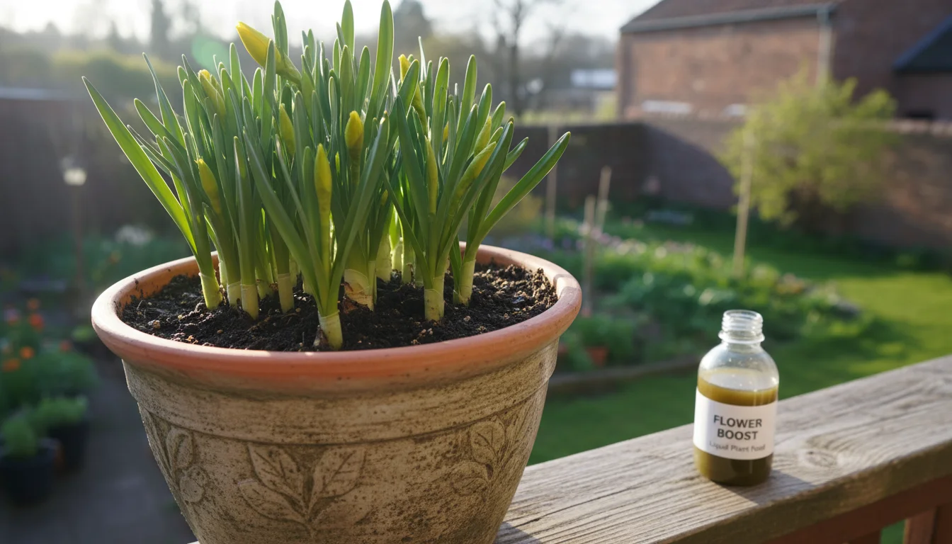 Young, vibrant daffodil shoots fill a ceramic pot on a wooden railing. A small, open bottle of liquid fertilizer sits beside it, out of focus.